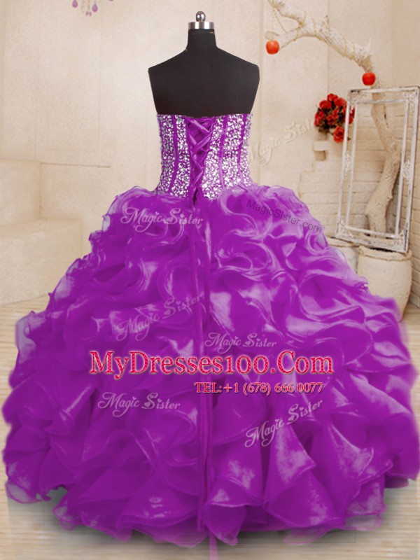 Trendy Sleeveless Lace Up Floor Length Beading and Ruffles Quince Ball Gowns