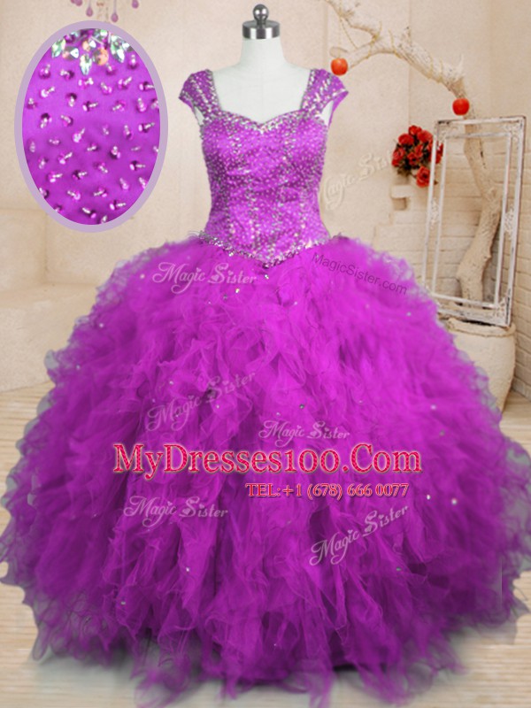 Fabulous Purple Cap Sleeves Floor Length Beading and Ruffles Lace Up Ball Gown Prom Dress