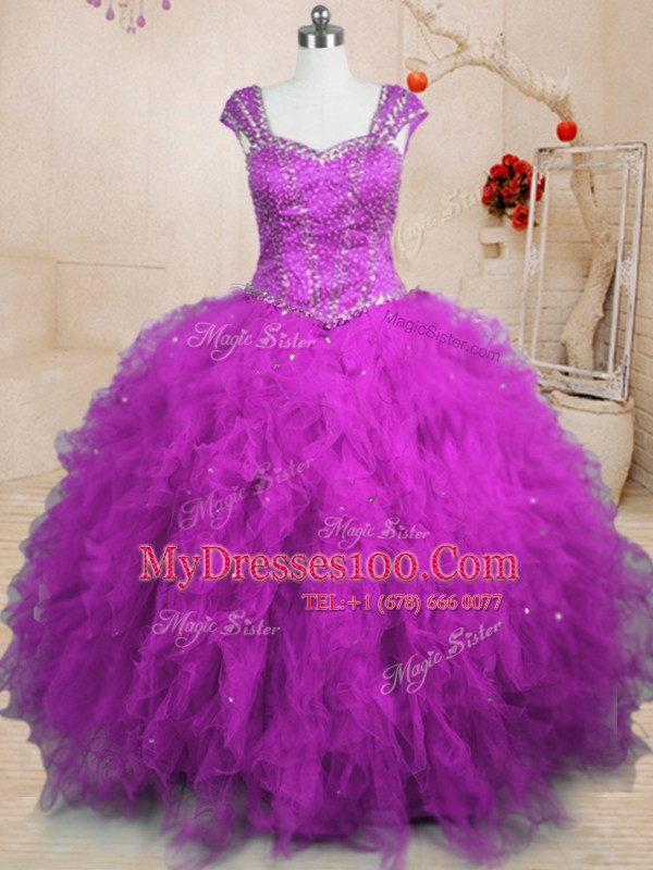 Fabulous Purple Cap Sleeves Floor Length Beading and Ruffles Lace Up Ball Gown Prom Dress
