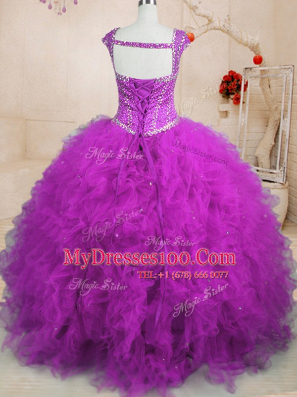 Fabulous Purple Cap Sleeves Floor Length Beading and Ruffles Lace Up Ball Gown Prom Dress