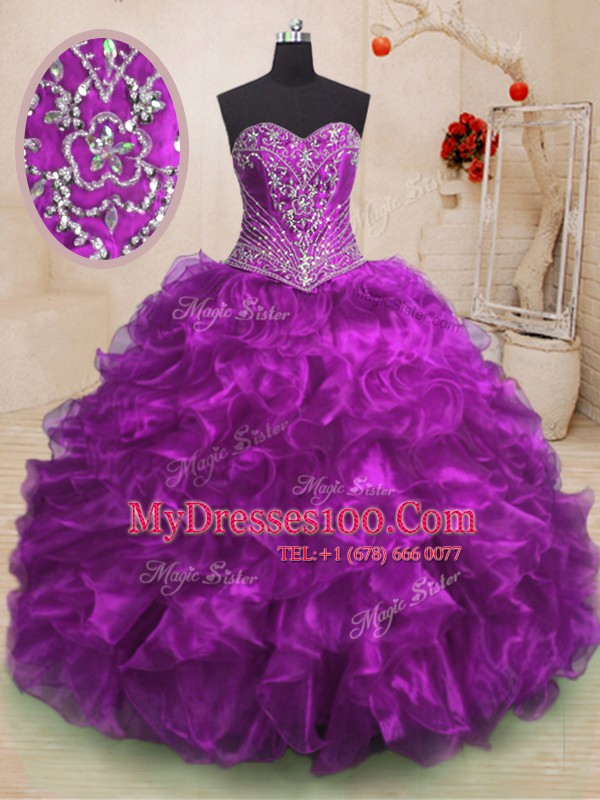 Sumptuous Sleeveless Sweep Train Beading and Ruffles Lace Up Sweet 16 Dresses