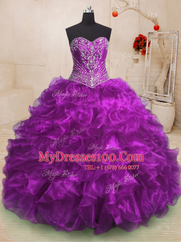 Sumptuous Sleeveless Sweep Train Beading and Ruffles Lace Up Sweet 16 Dresses