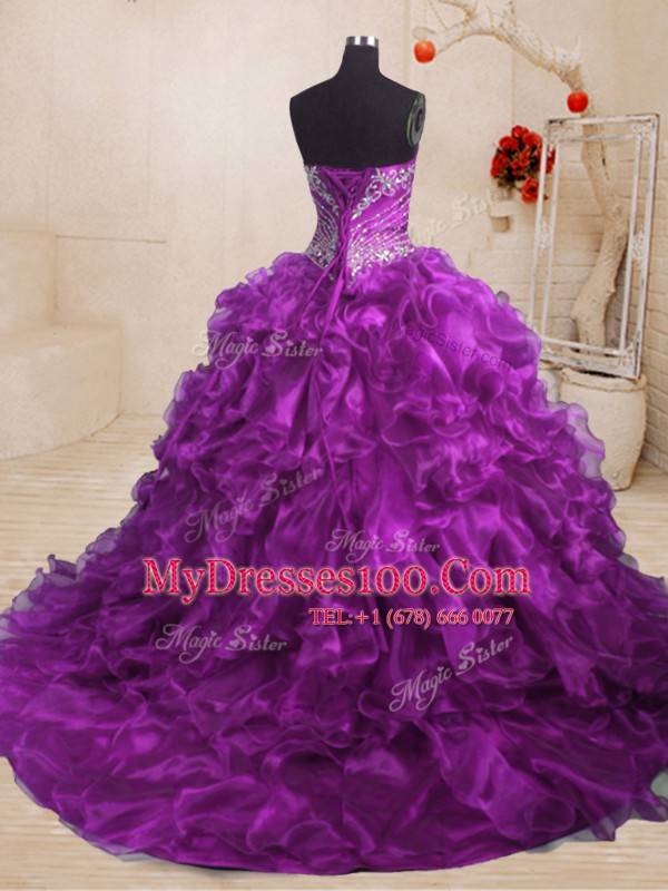 Sumptuous Sleeveless Sweep Train Beading and Ruffles Lace Up Sweet 16 Dresses
