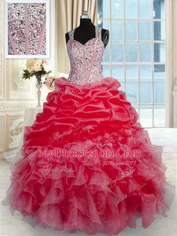 Simple Red Organza Zipper Quinceanera Gown Sleeveless Floor Length Beading and Ruffles
