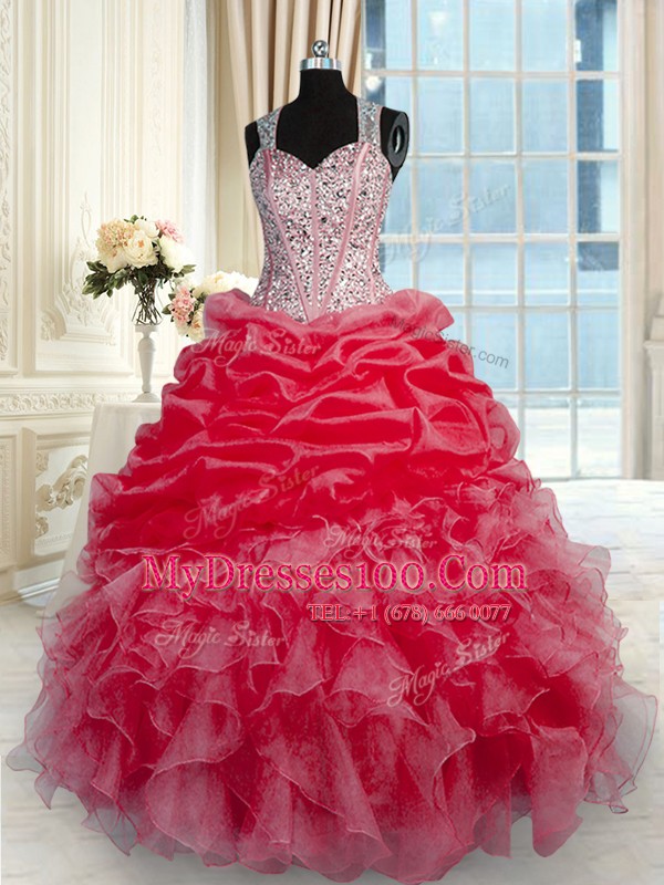 Simple Red Organza Zipper Quinceanera Gown Sleeveless Floor Length Beading and Ruffles