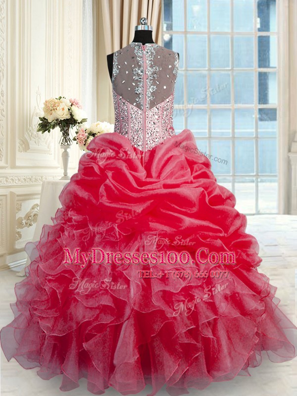 Simple Red Organza Zipper Quinceanera Gown Sleeveless Floor Length Beading and Ruffles