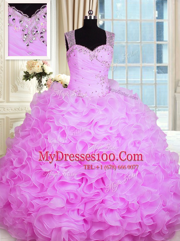 Floor Length Rose Pink Vestidos de Quinceanera Organza Sleeveless Beading and Ruffles