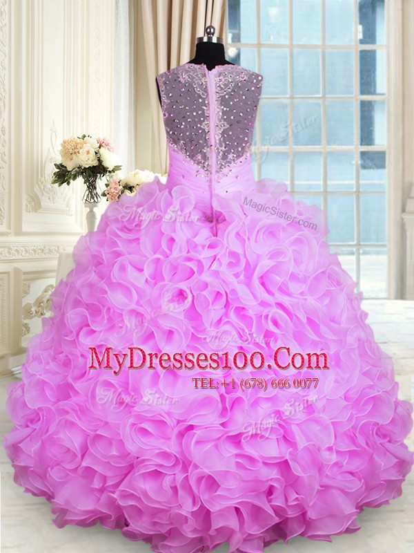 Floor Length Rose Pink Vestidos de Quinceanera Organza Sleeveless Beading and Ruffles