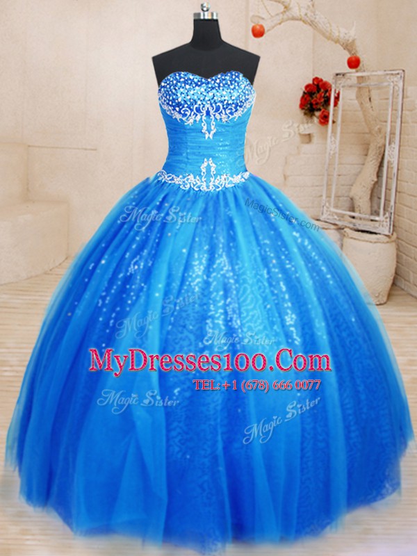 Royal Blue Sweetheart Lace Up Beading and Appliques Sweet 16 Dresses Sleeveless