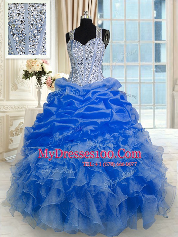 Royal Blue Straps Zipper Beading and Ruffles and Pick Ups Sweet 16 Dress Sleeveless