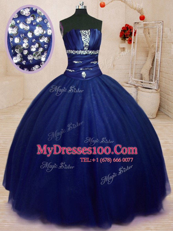 Royal Blue Sleeveless Beading Floor Length Sweet 16 Quinceanera Dress