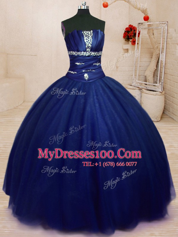Royal Blue Sleeveless Beading Floor Length Sweet 16 Quinceanera Dress