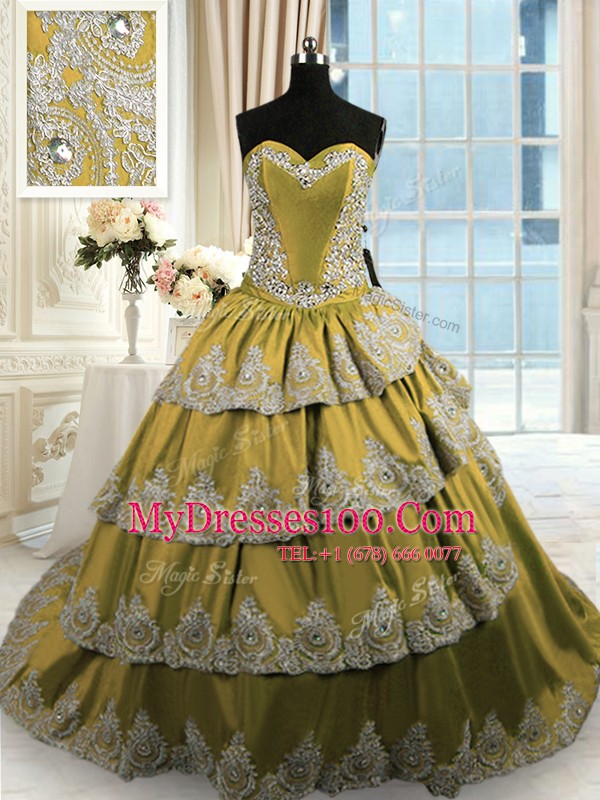 On Sale Satin Sweetheart Sleeveless Lace Up Beading and Appliques and Ruffled Layers Quince Ball Gowns in Olive Green