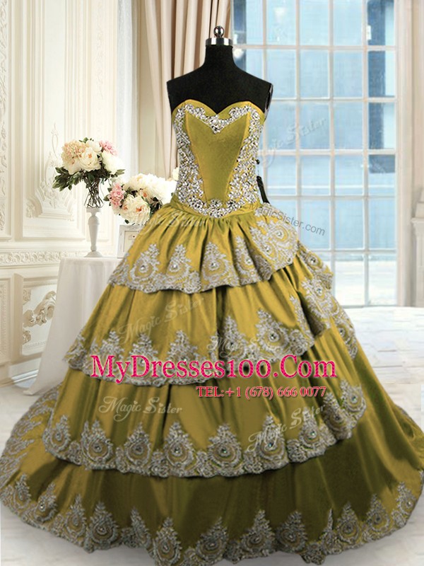 On Sale Satin Sweetheart Sleeveless Lace Up Beading and Appliques and Ruffled Layers Quince Ball Gowns in Olive Green