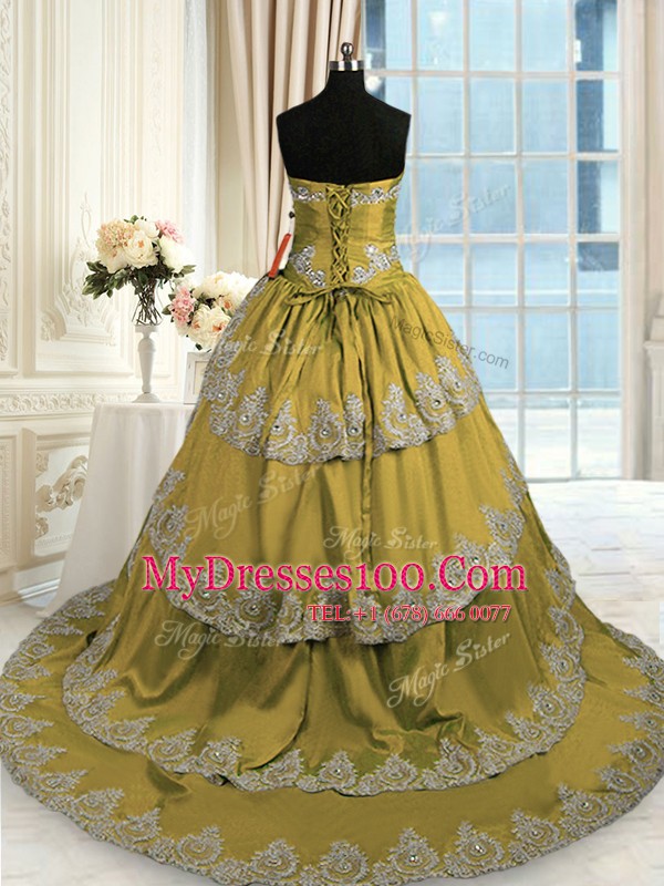 On Sale Satin Sweetheart Sleeveless Lace Up Beading and Appliques and Ruffled Layers Quince Ball Gowns in Olive Green