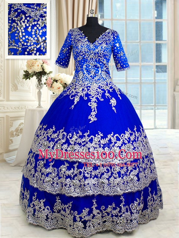 Royal Blue V-neck Neckline Appliques and Ruffled Layers Quinceanera Gown Half Sleeves Zipper