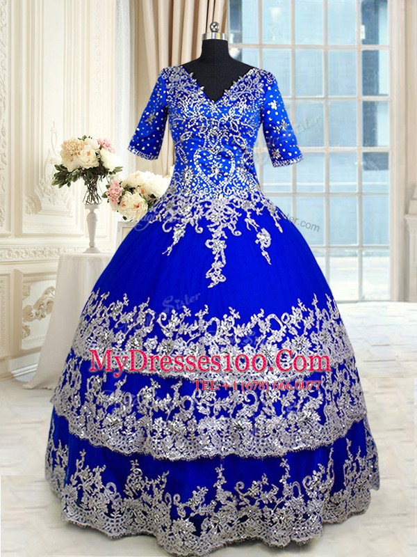Royal Blue V-neck Neckline Appliques and Ruffled Layers Quinceanera Gown Half Sleeves Zipper