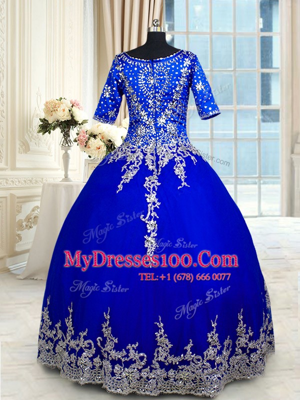 Royal Blue V-neck Neckline Appliques and Ruffled Layers Quinceanera Gown Half Sleeves Zipper