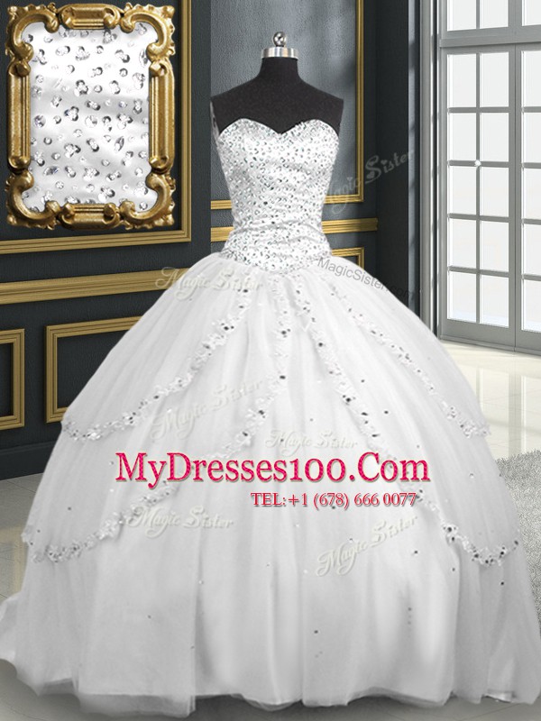 Brush Train Ball Gowns Quinceanera Dresses White Sweetheart Tulle Sleeveless With Train Lace Up