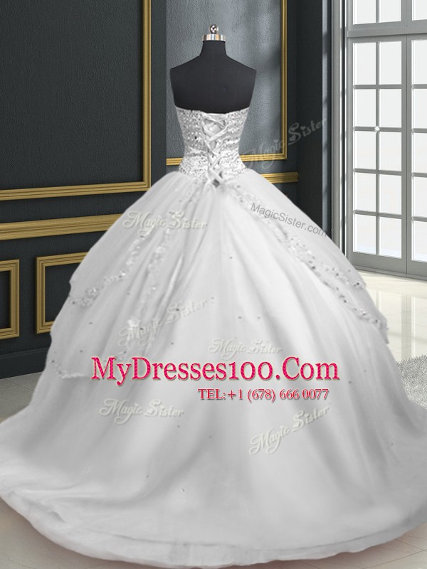 Brush Train Ball Gowns Quinceanera Dresses White Sweetheart Tulle Sleeveless With Train Lace Up