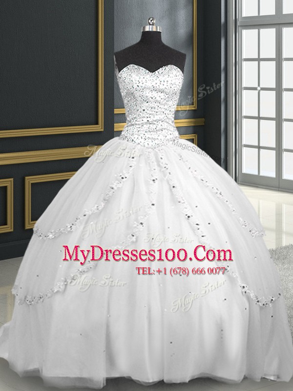 Brush Train Ball Gowns Quinceanera Dresses White Sweetheart Tulle Sleeveless With Train Lace Up