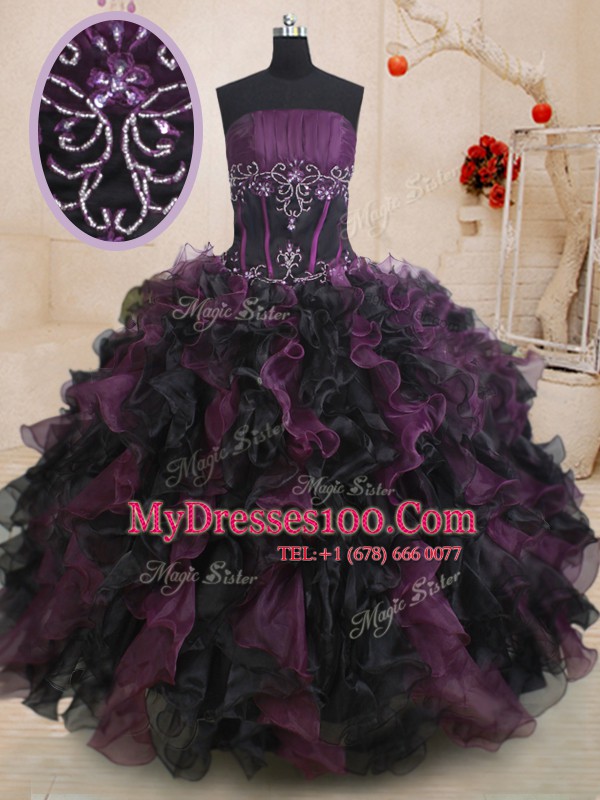 Cheap Sleeveless Organza Floor Length Lace Up 15 Quinceanera Dress in Multi-color with Beading and Ruffles