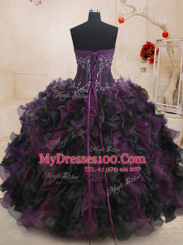 Cheap Sleeveless Organza Floor Length Lace Up 15 Quinceanera Dress in Multi-color with Beading and Ruffles