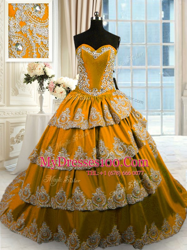 Cheap Sweetheart Sleeveless 15th Birthday Dress With Train Court Train Beading and Appliques and Ruffled Layers Brown Taffeta