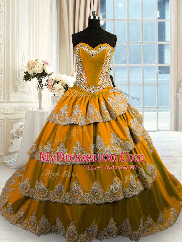 Cheap Sweetheart Sleeveless 15th Birthday Dress With Train Court Train Beading and Appliques and Ruffled Layers Brown Taffeta