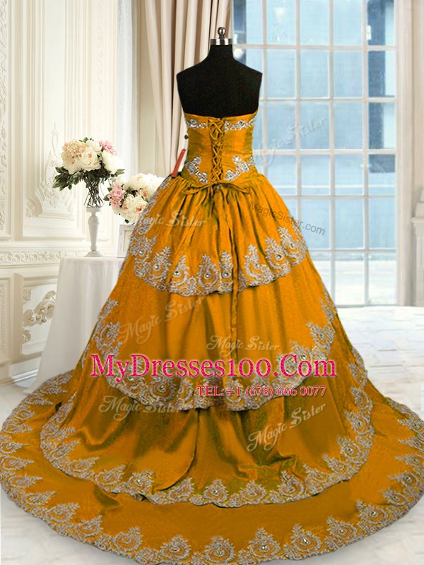 Cheap Sweetheart Sleeveless 15th Birthday Dress With Train Court Train Beading and Appliques and Ruffled Layers Brown Taffeta