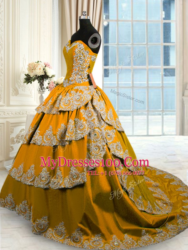 Cheap Sweetheart Sleeveless 15th Birthday Dress With Train Court Train Beading and Appliques and Ruffled Layers Brown Taffeta