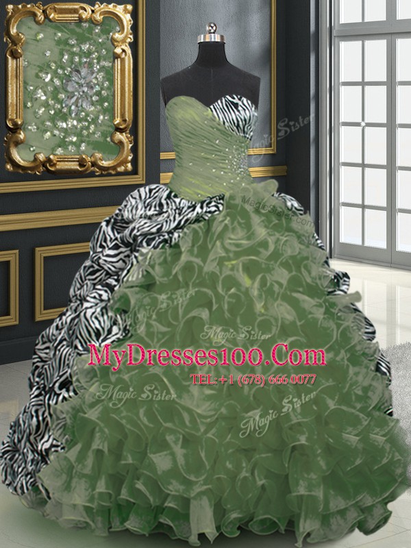 Smart Sweetheart Sleeveless Brush Train Lace Up 15th Birthday Dress Olive Green Organza and Printed