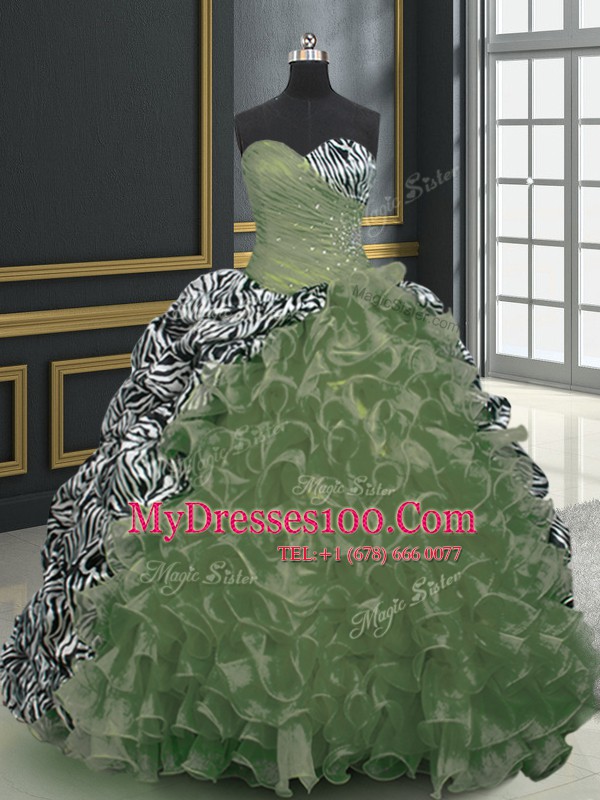 Smart Sweetheart Sleeveless Brush Train Lace Up 15th Birthday Dress Olive Green Organza and Printed