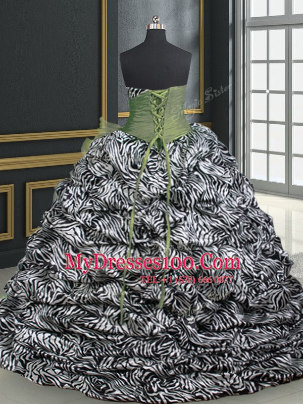 Smart Sweetheart Sleeveless Brush Train Lace Up 15th Birthday Dress Olive Green Organza and Printed
