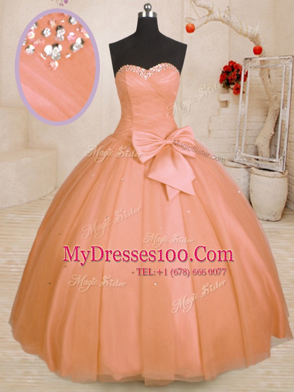 Floor Length Lace Up Quinceanera Dress Orange for Military Ball and Sweet 16 and Quinceanera with Beading and Bowknot