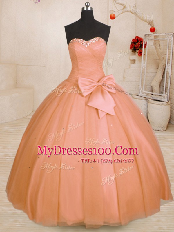 Floor Length Lace Up Quinceanera Dress Orange for Military Ball and Sweet 16 and Quinceanera with Beading and Bowknot