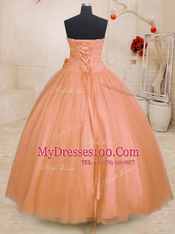 Floor Length Lace Up Quinceanera Dress Orange for Military Ball and Sweet 16 and Quinceanera with Beading and Bowknot