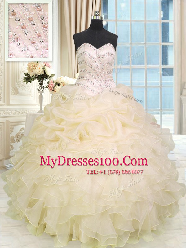Champagne Sweetheart Lace Up Beading and Ruffles Quinceanera Dresses Sleeveless