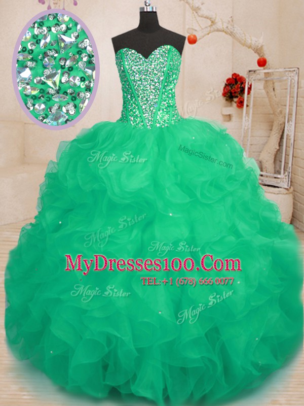 Admirable Beading and Ruffles 15th Birthday Dress Green Lace Up Sleeveless Floor Length