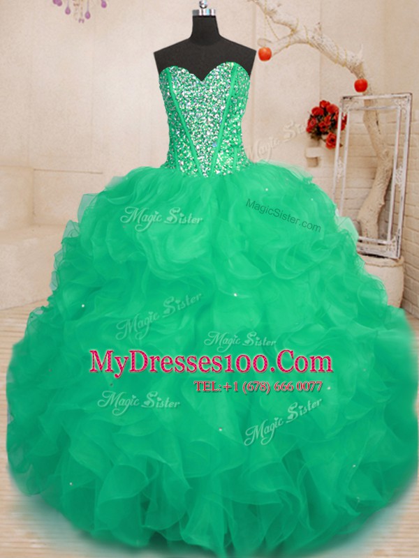 Admirable Beading and Ruffles 15th Birthday Dress Green Lace Up Sleeveless Floor Length