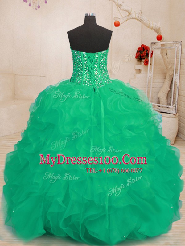 Admirable Beading and Ruffles 15th Birthday Dress Green Lace Up Sleeveless Floor Length