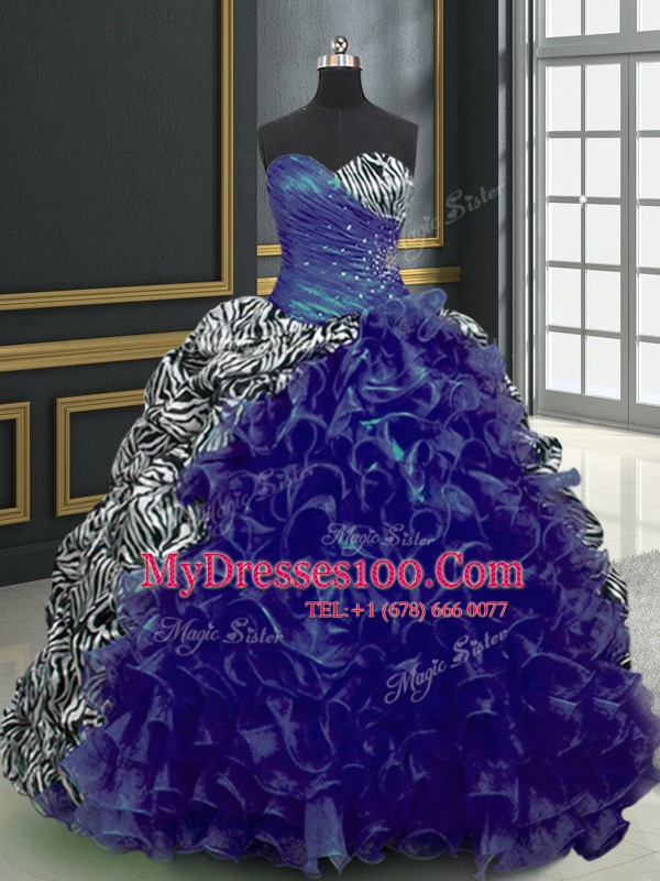 Nice Printed Sleeveless Beading and Ruffles and Pattern Lace Up Sweet 16 Dresses