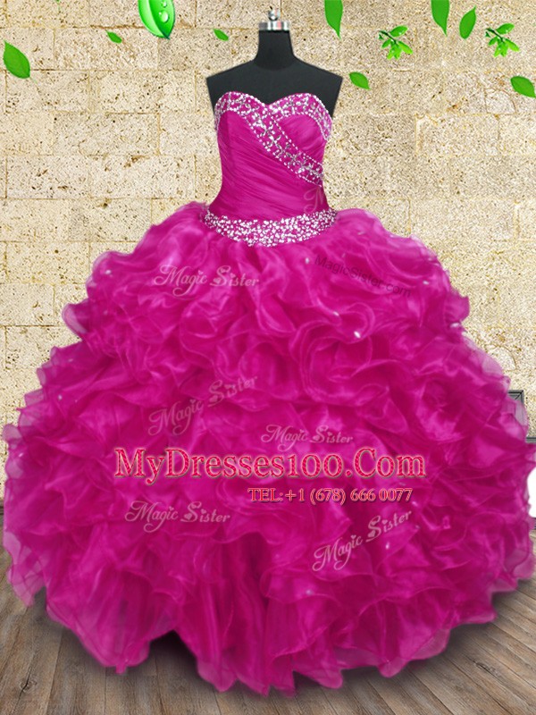 Cute Beading and Ruffles and Ruching Sweet 16 Dress Fuchsia Lace Up Sleeveless Floor Length