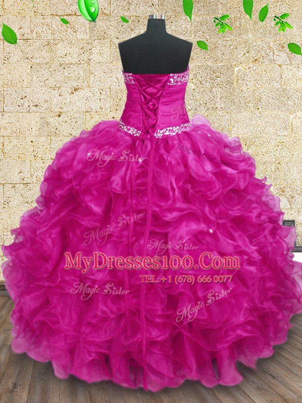 Cute Beading and Ruffles and Ruching Sweet 16 Dress Fuchsia Lace Up Sleeveless Floor Length