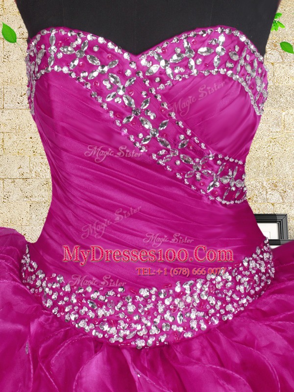 Cute Beading and Ruffles and Ruching Sweet 16 Dress Fuchsia Lace Up Sleeveless Floor Length