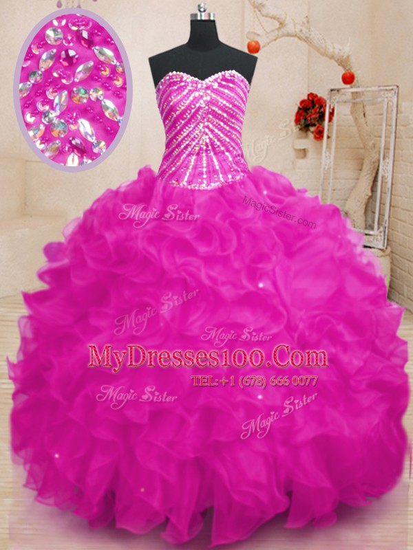 Fuchsia Lace Up Sweet 16 Quinceanera Dress Beading and Ruffles and Sequins Sleeveless Floor Length