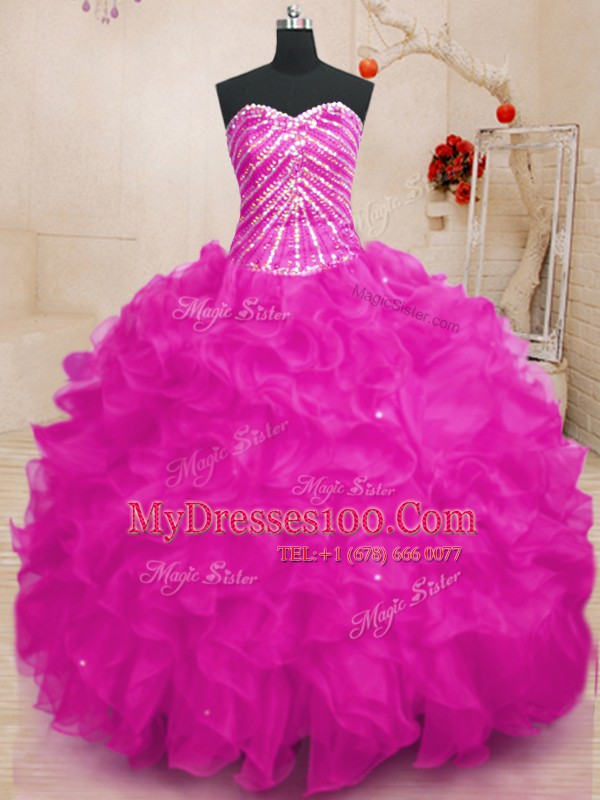 Fuchsia Lace Up Sweet 16 Quinceanera Dress Beading and Ruffles and Sequins Sleeveless Floor Length
