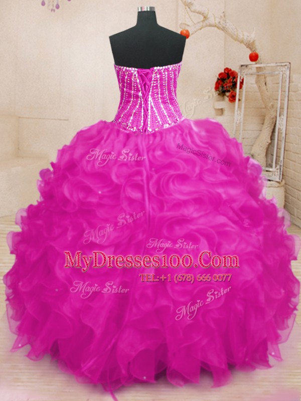 Fuchsia Lace Up Sweet 16 Quinceanera Dress Beading and Ruffles and Sequins Sleeveless Floor Length