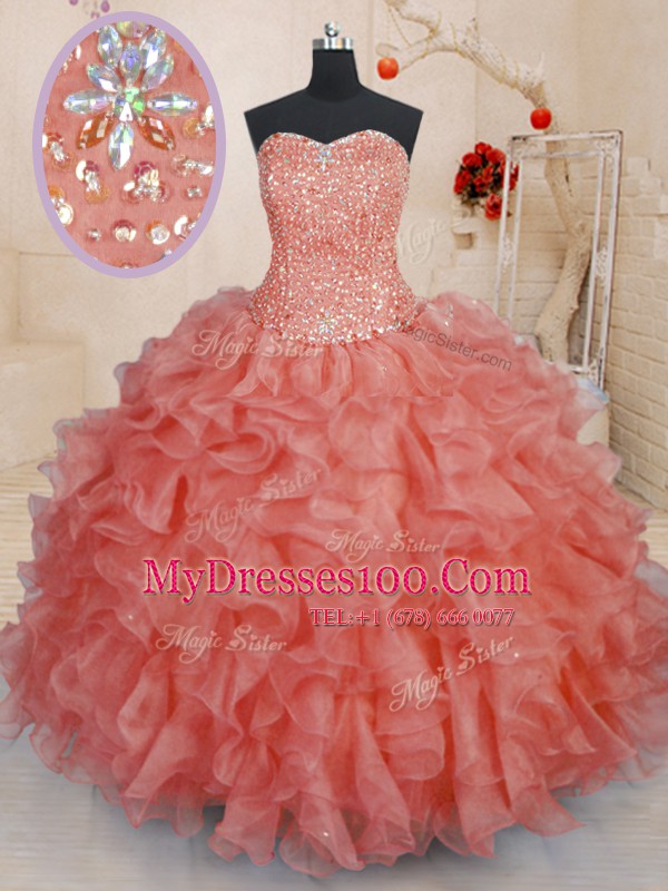 Spectacular Floor Length Watermelon Red Sweet 16 Dresses Organza Sleeveless Beading and Ruffles