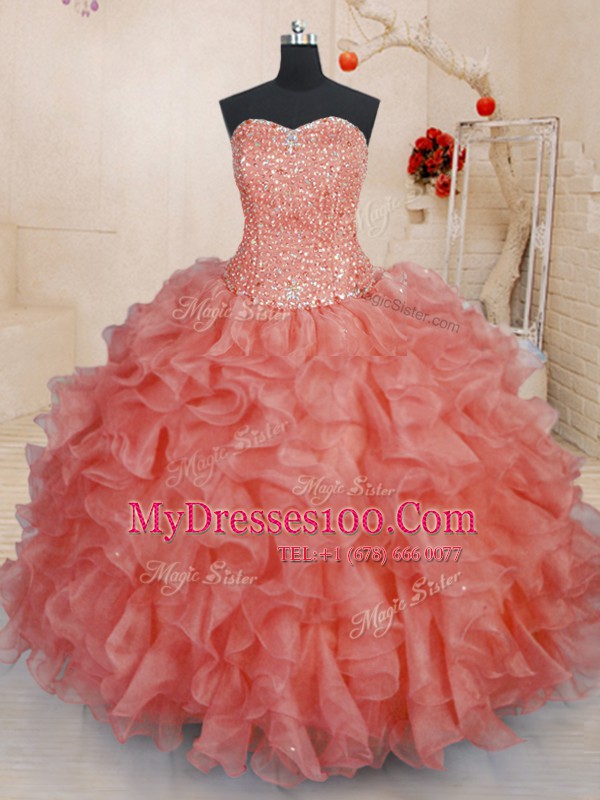 Spectacular Floor Length Watermelon Red Sweet 16 Dresses Organza Sleeveless Beading and Ruffles